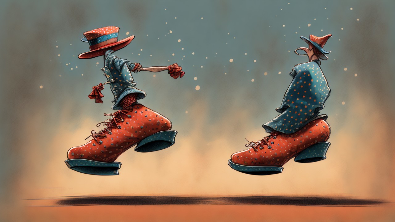 Whimsical Figures in Oversized Red Clown Shoes