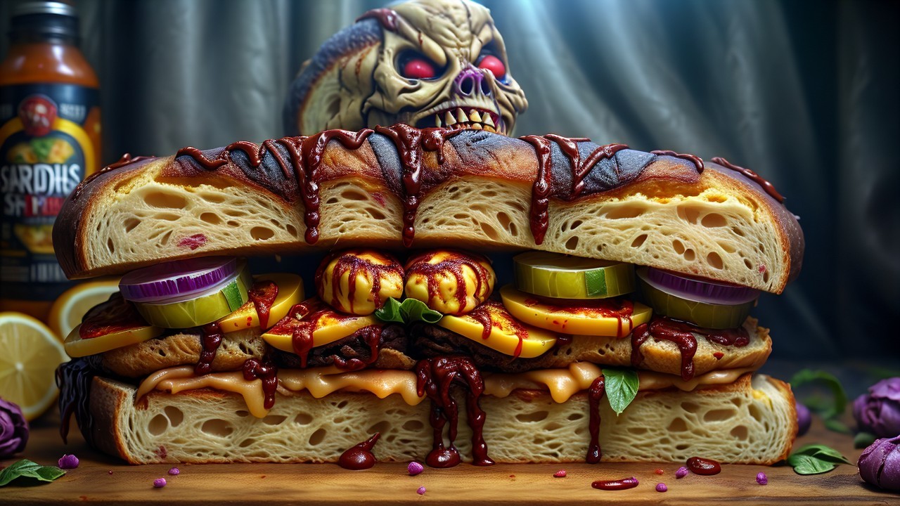 Oversized Sandwich with Vibrant Ingredients and Skull