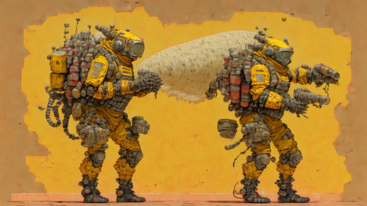 Futuristic Yellow-Clad Figures with Mechanical Gear