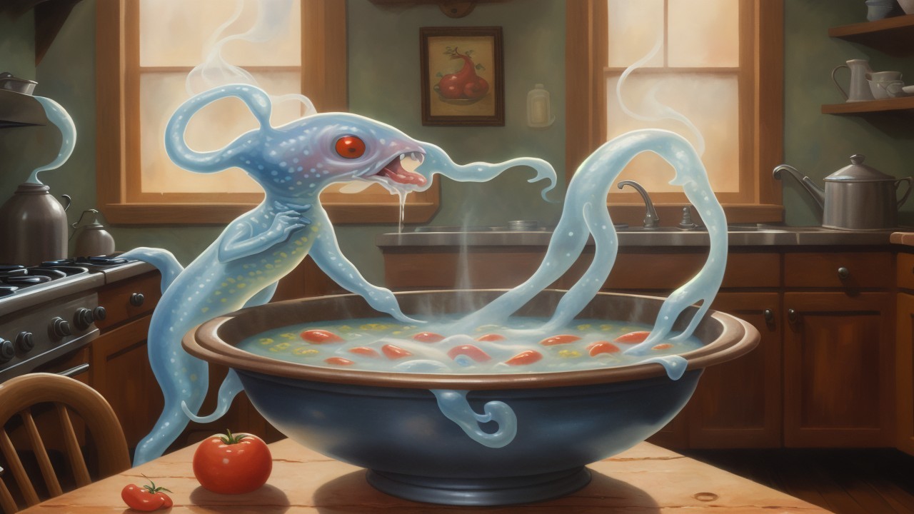 Whimsical Kitchen Scene with Blue Creature Stirring Soup