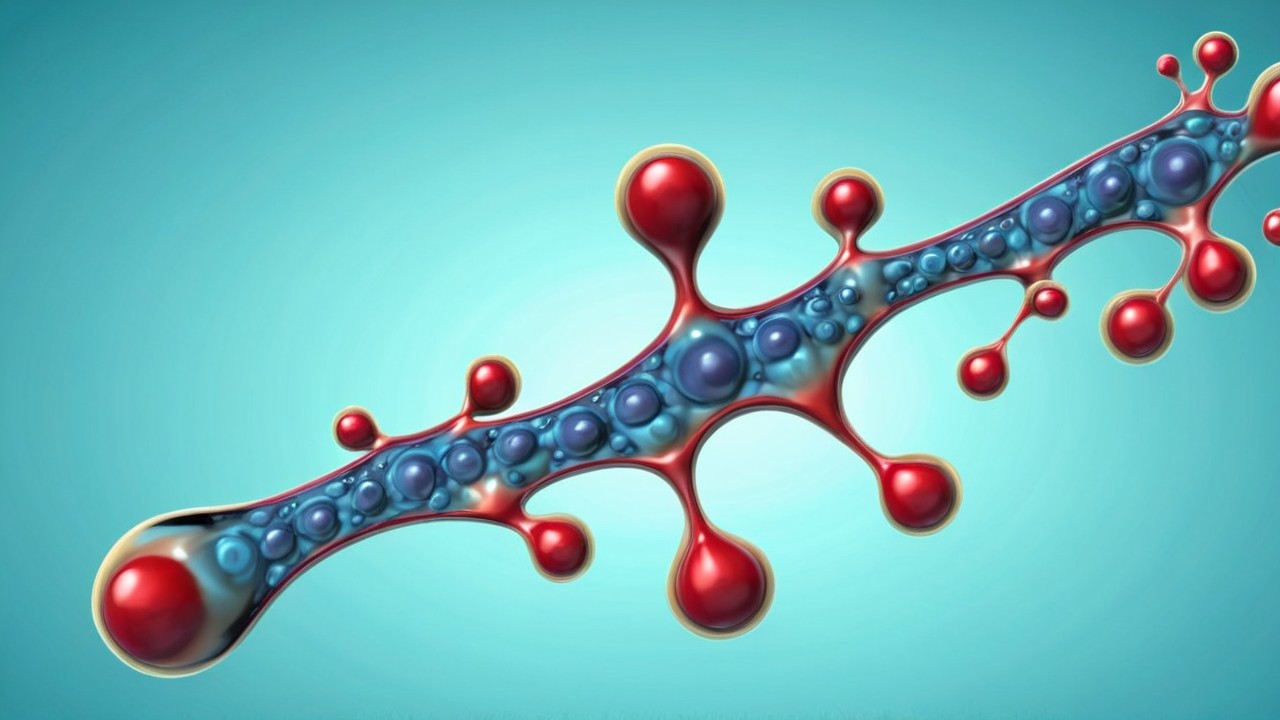 Stylized Molecular Structure with Red Spheres and Blue Core