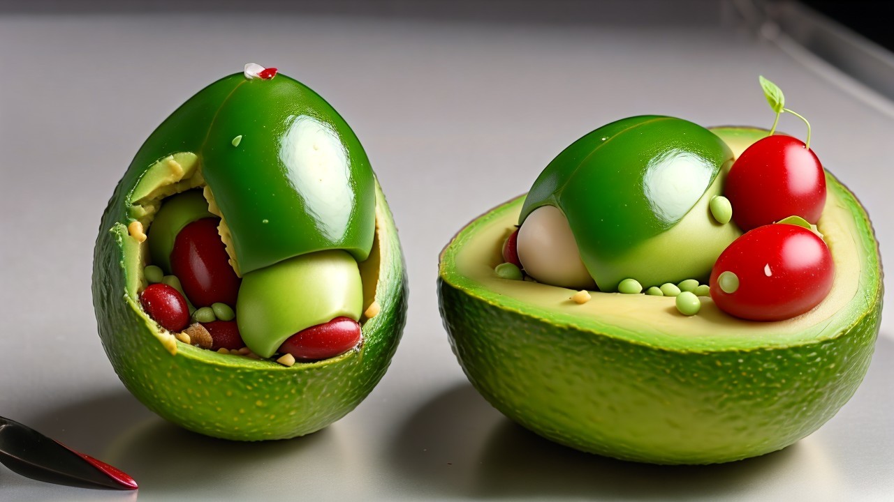 Whimsical Avocado Split with Miniature Fruits Inside
