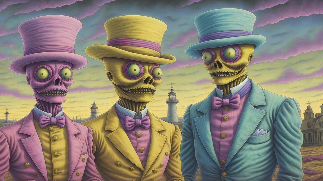Whimsical Skeletons in Colorful Suits and Top Hats