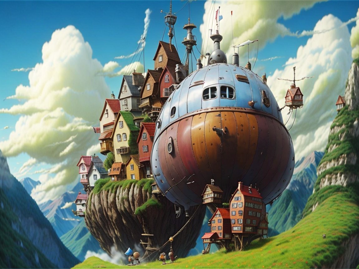 Whimsical Floating Village on a Lush Green Hill