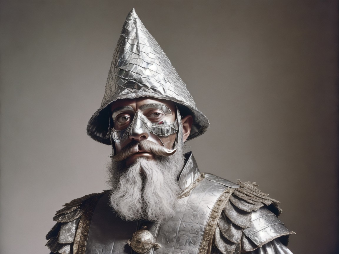 Man in Elaborate Armor with Unique Silver Helmet