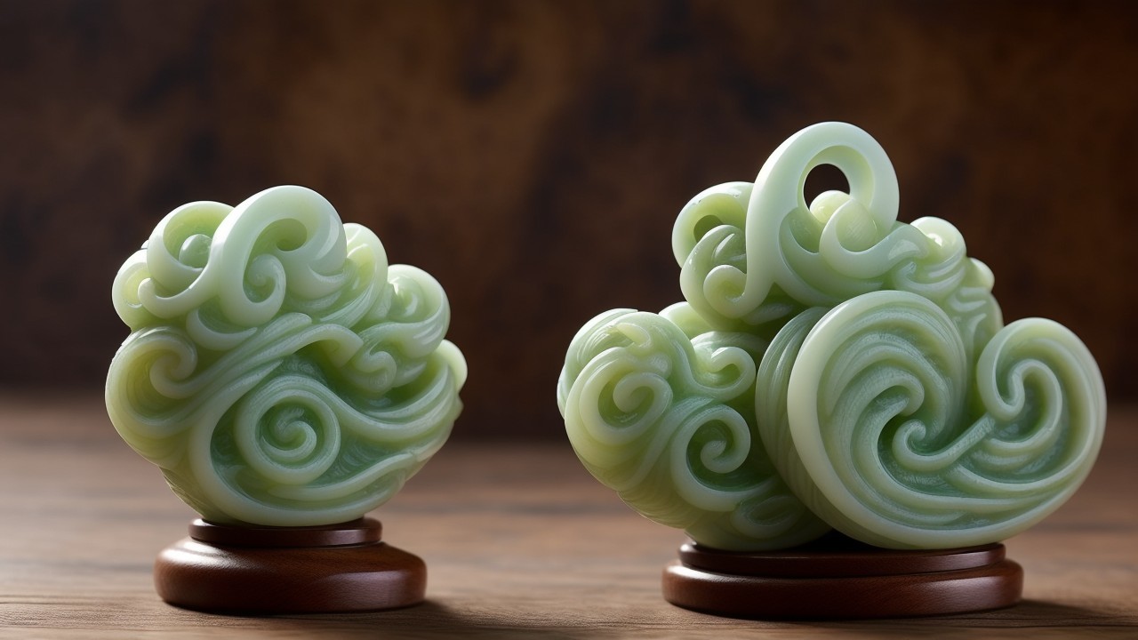Intricately Carved Jade Sculptures with Wooden Bases