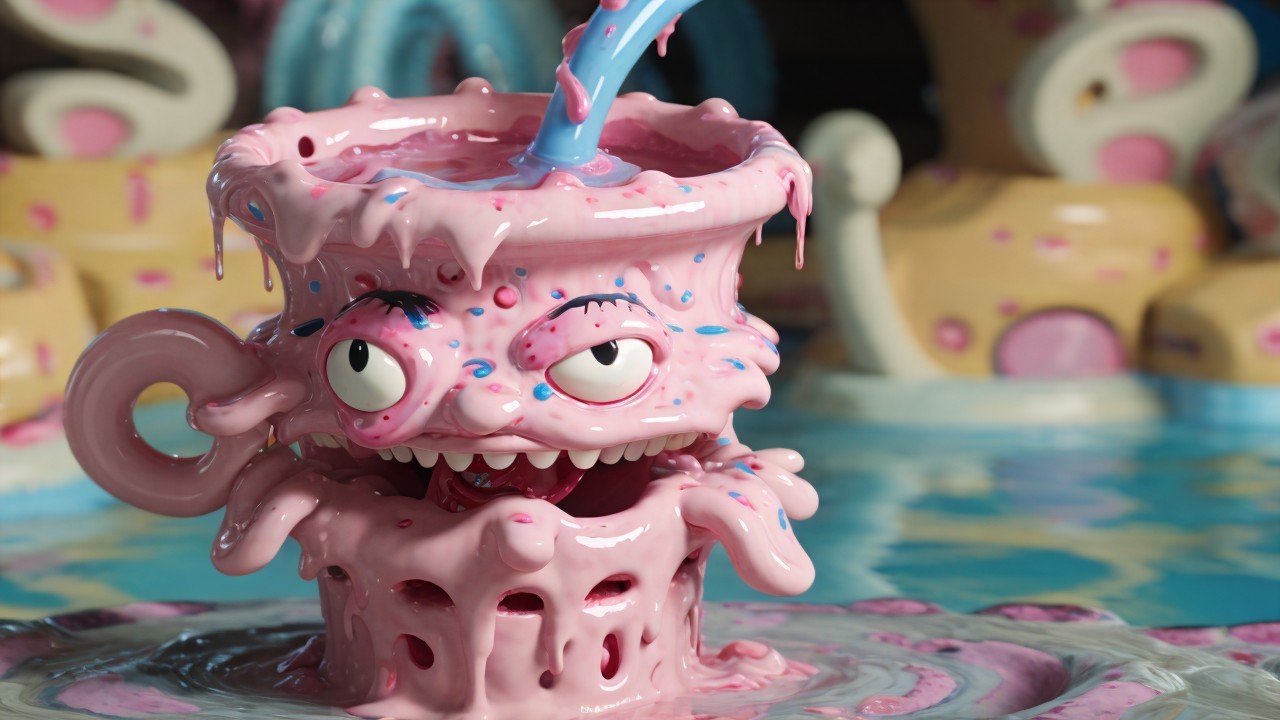 Cartoonish monster mug with pink liquid and straw