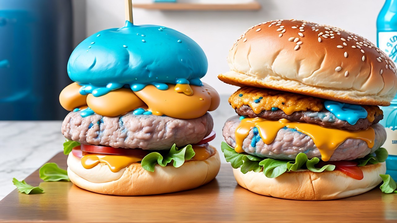Whimsical Burgers on a Wooden Board with Colorful Toppings