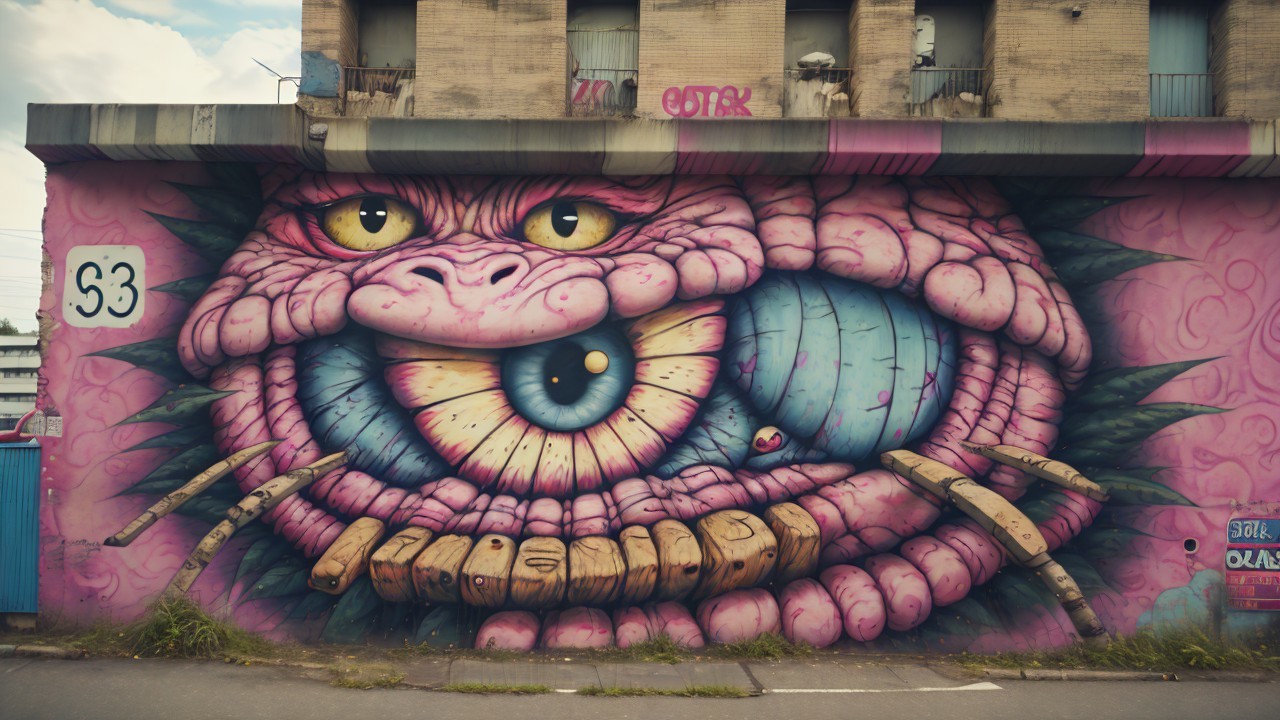 Surreal Mural of Monstrous Face on Brick Wall