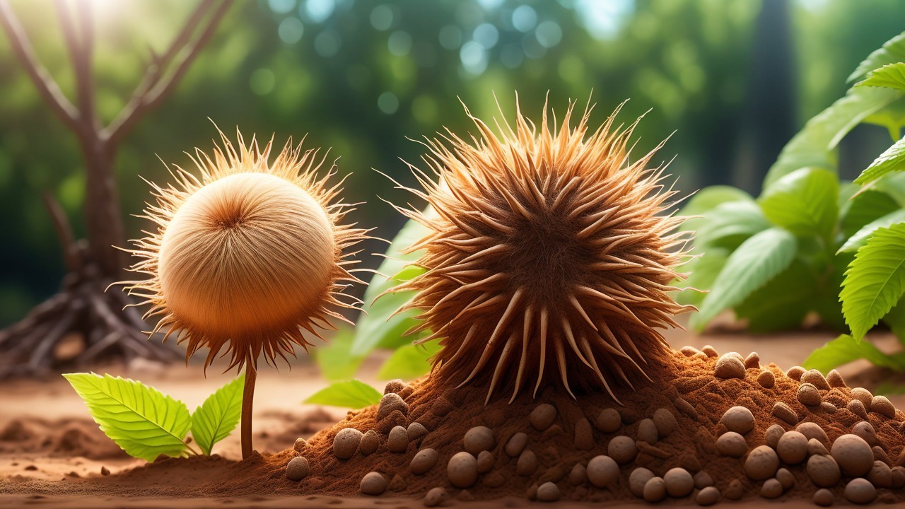 Unique Seed Pods on Brown Soil with Green Foliage