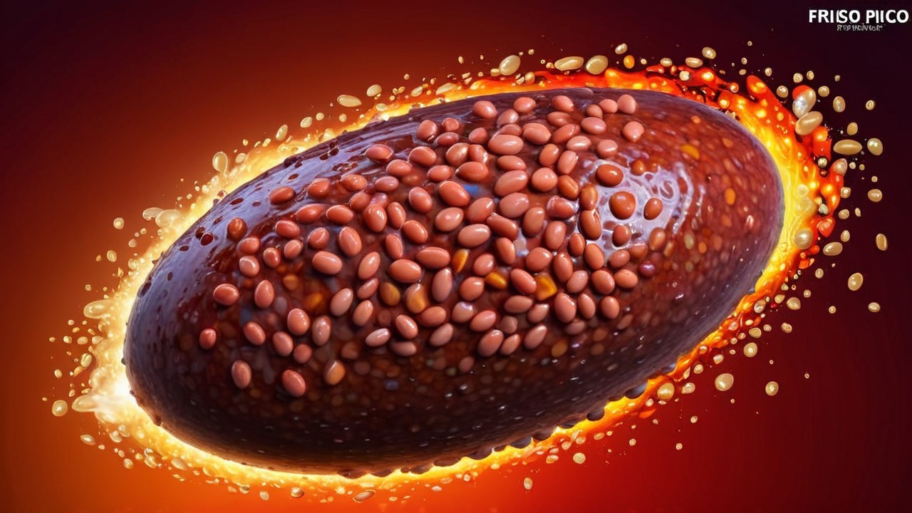 Glossy Oval Shape with Brown Seeds and Orange Aura