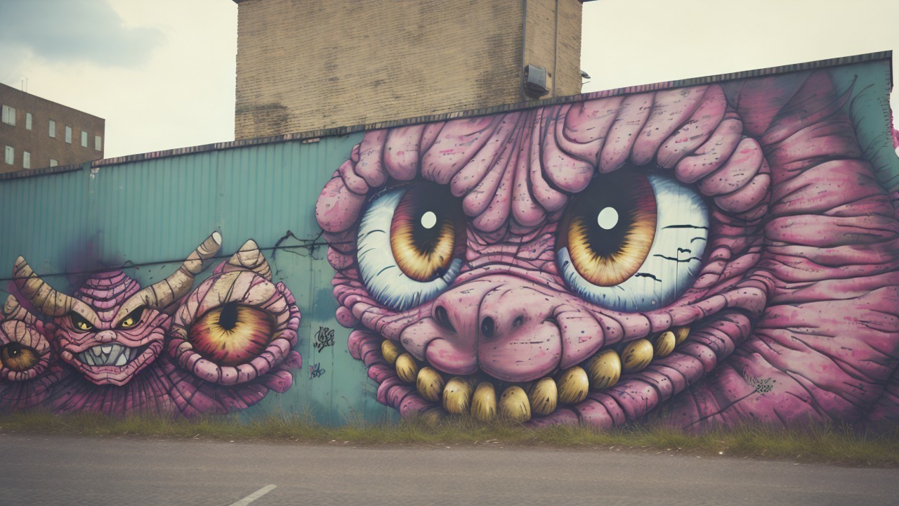 Vibrant Mural of Cartoonish Monsters on Weathered Wall