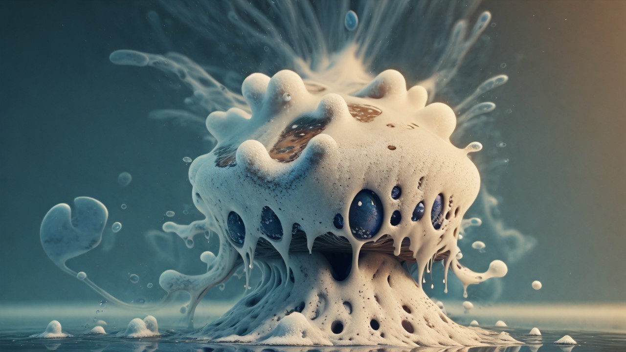 Surreal Mushroom Emerges from Calm Liquid Surface