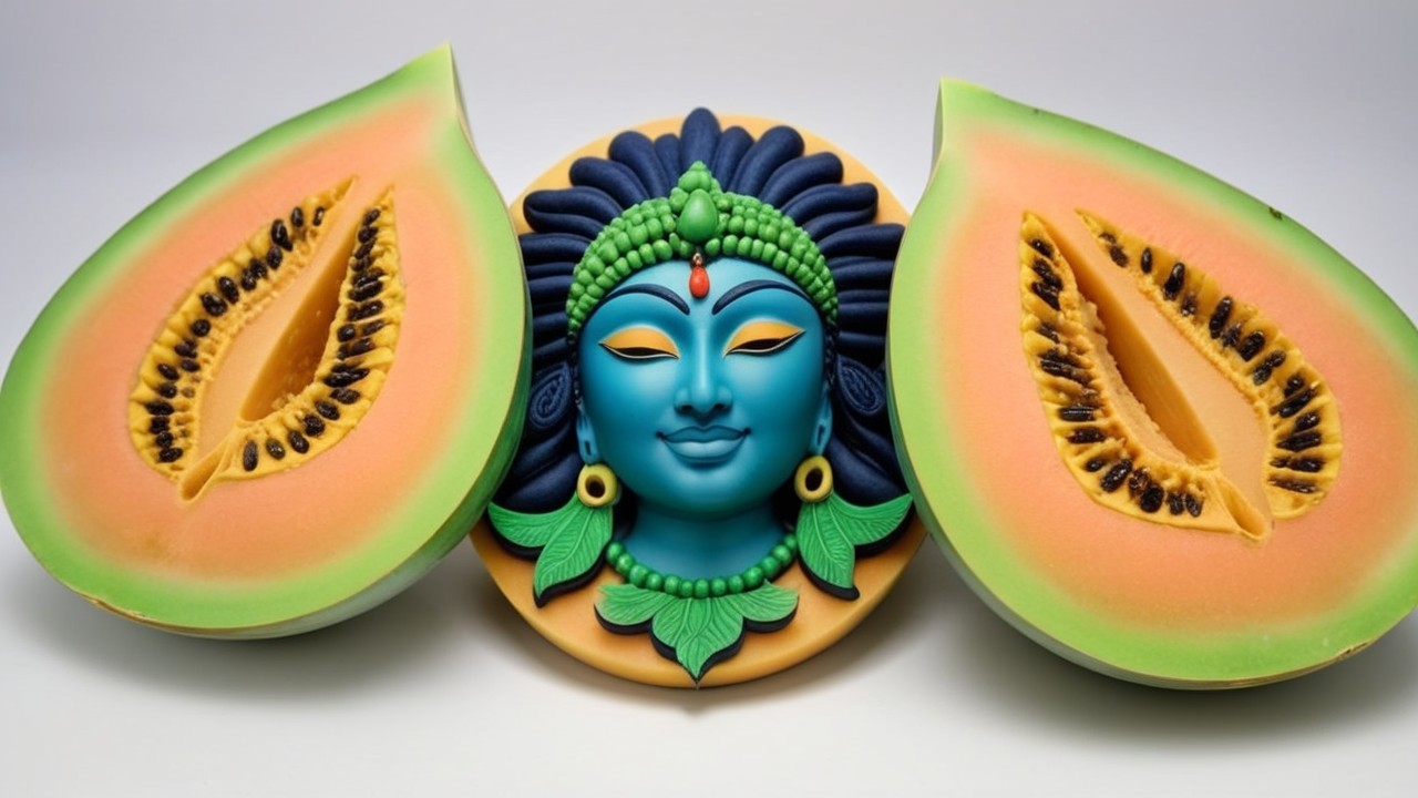 Vibrant Art of Deity's Face with Colorful Papayas