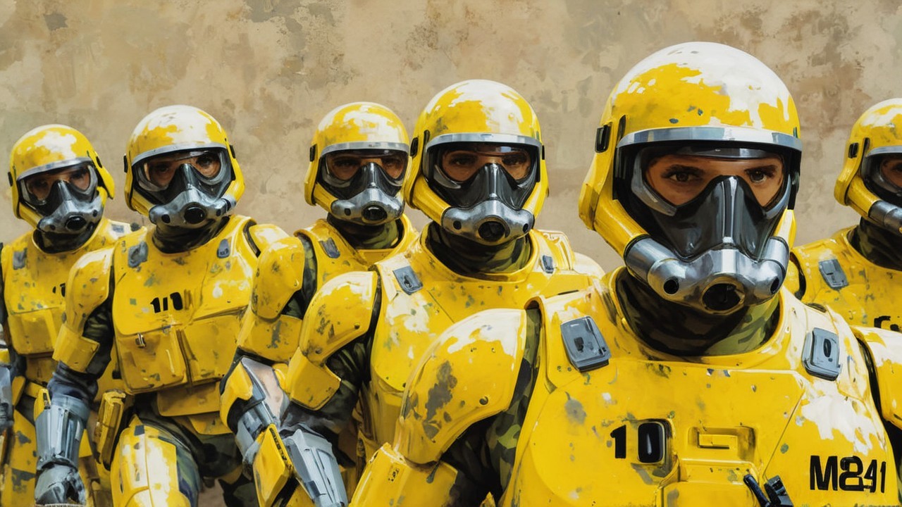 Futuristic Soldiers in Worn Yellow Armor Formation