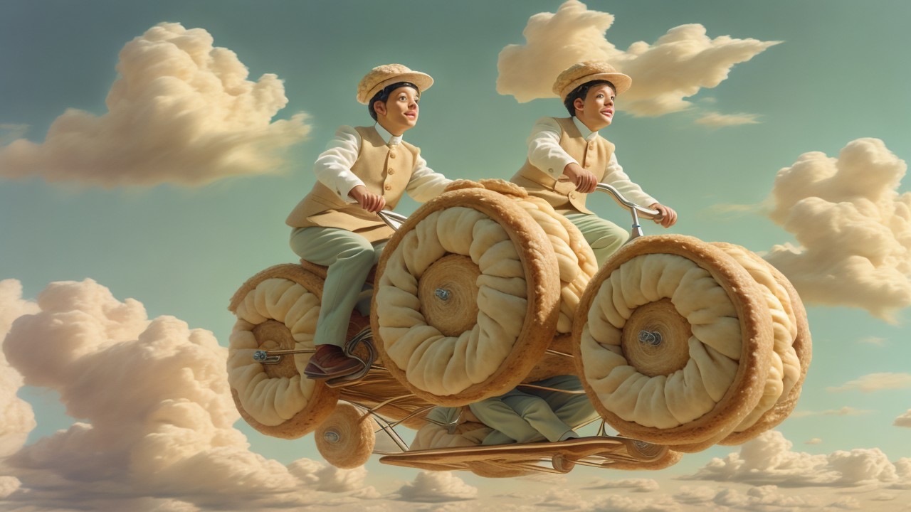 Boys Riding Oversized Bicycle in Dreamlike Sky