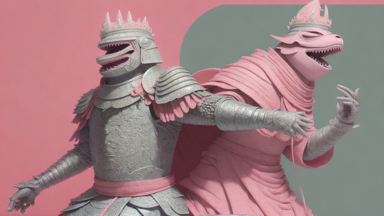 Stylized anthropomorphic figures in fantasy armor and fabric