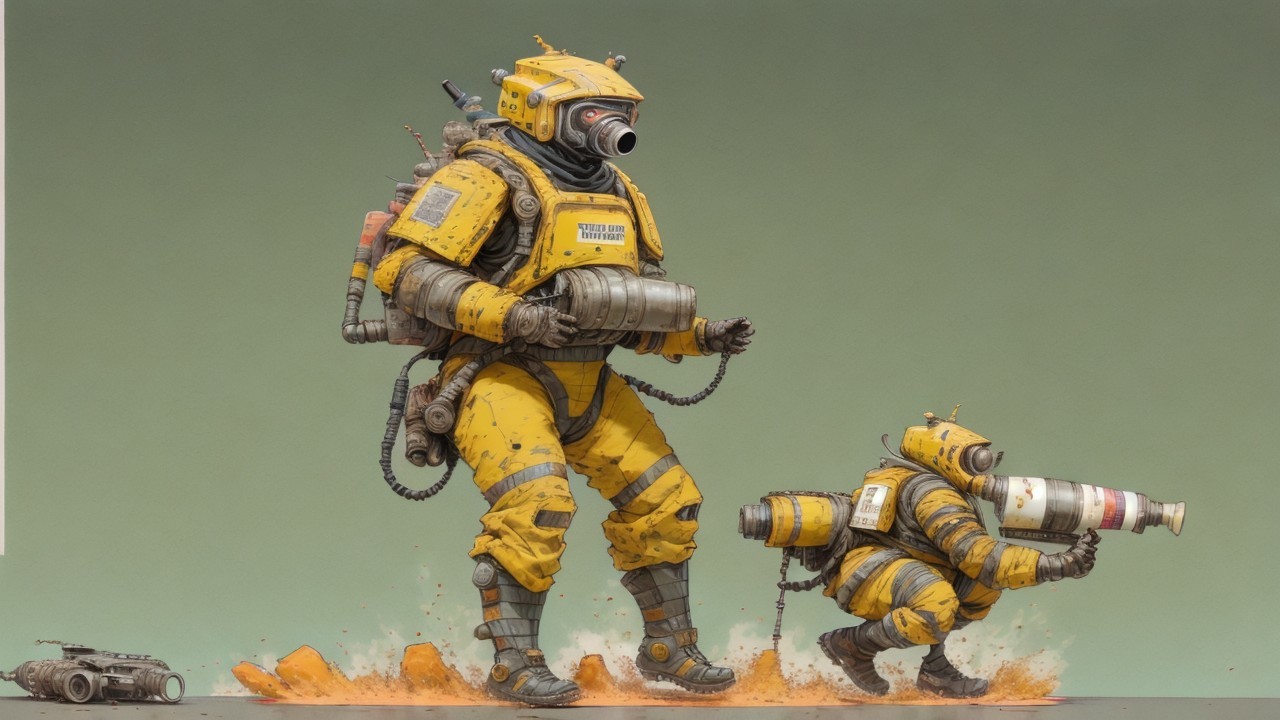 Cartoonish robots in bright yellow suits on green background