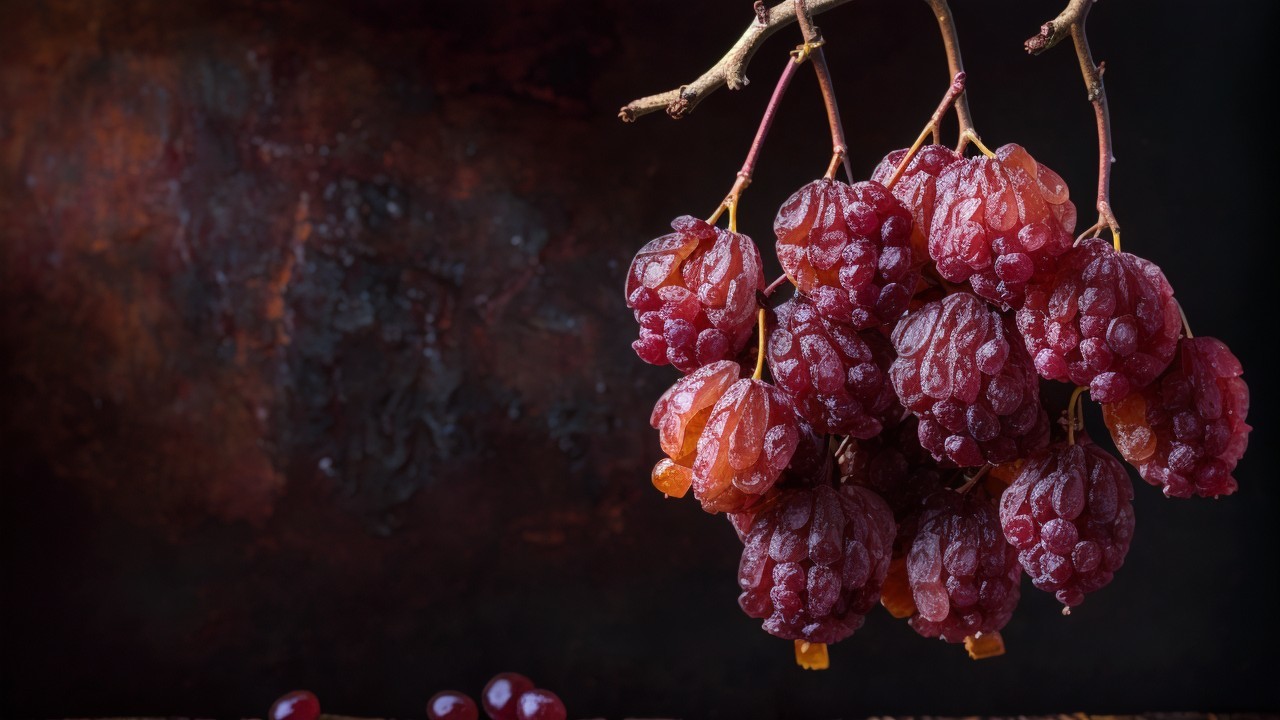 Reddish-purple Grapes on Slender Stem with Sheen