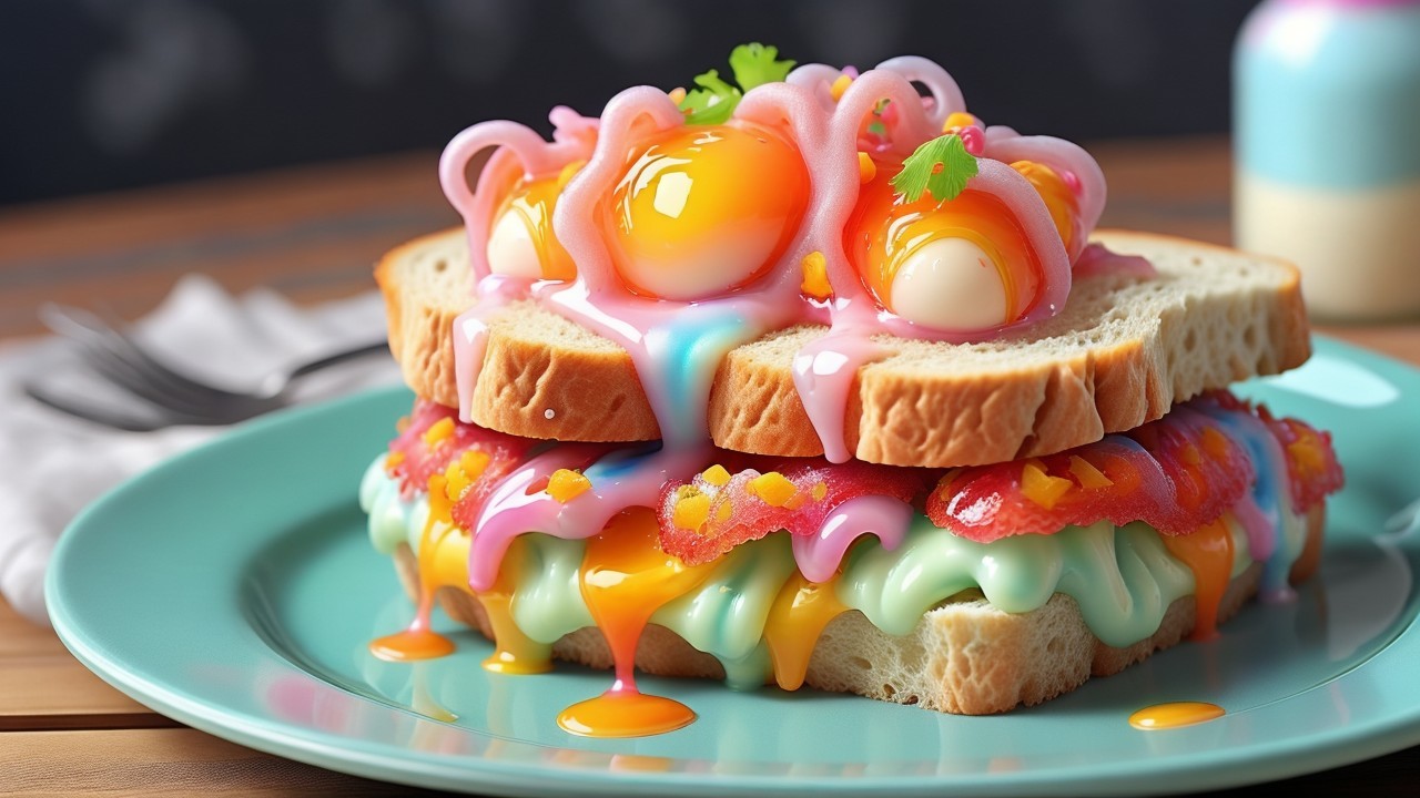 Whimsical Sandwich with Colorful Fillings and Eggs