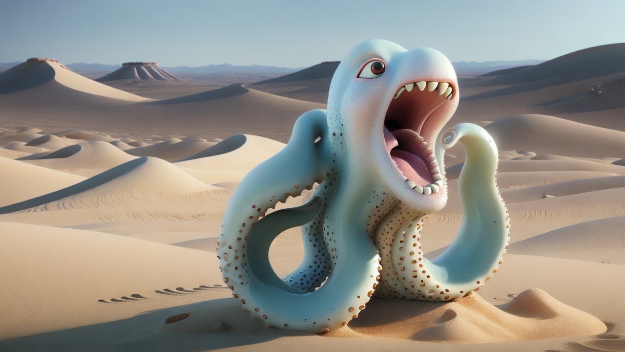 Cartoonish octopus in vibrant desert landscape