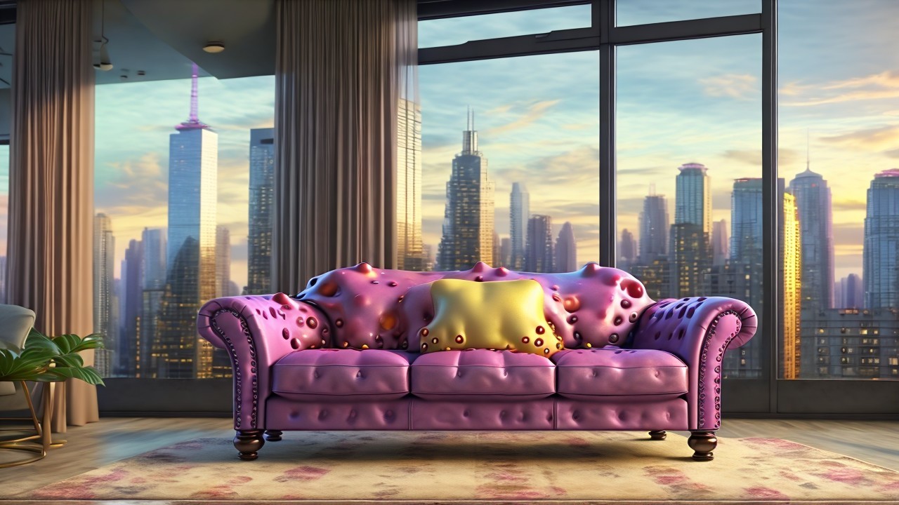 Vibrant Pink Couch in Urban Apartment with Skyline View