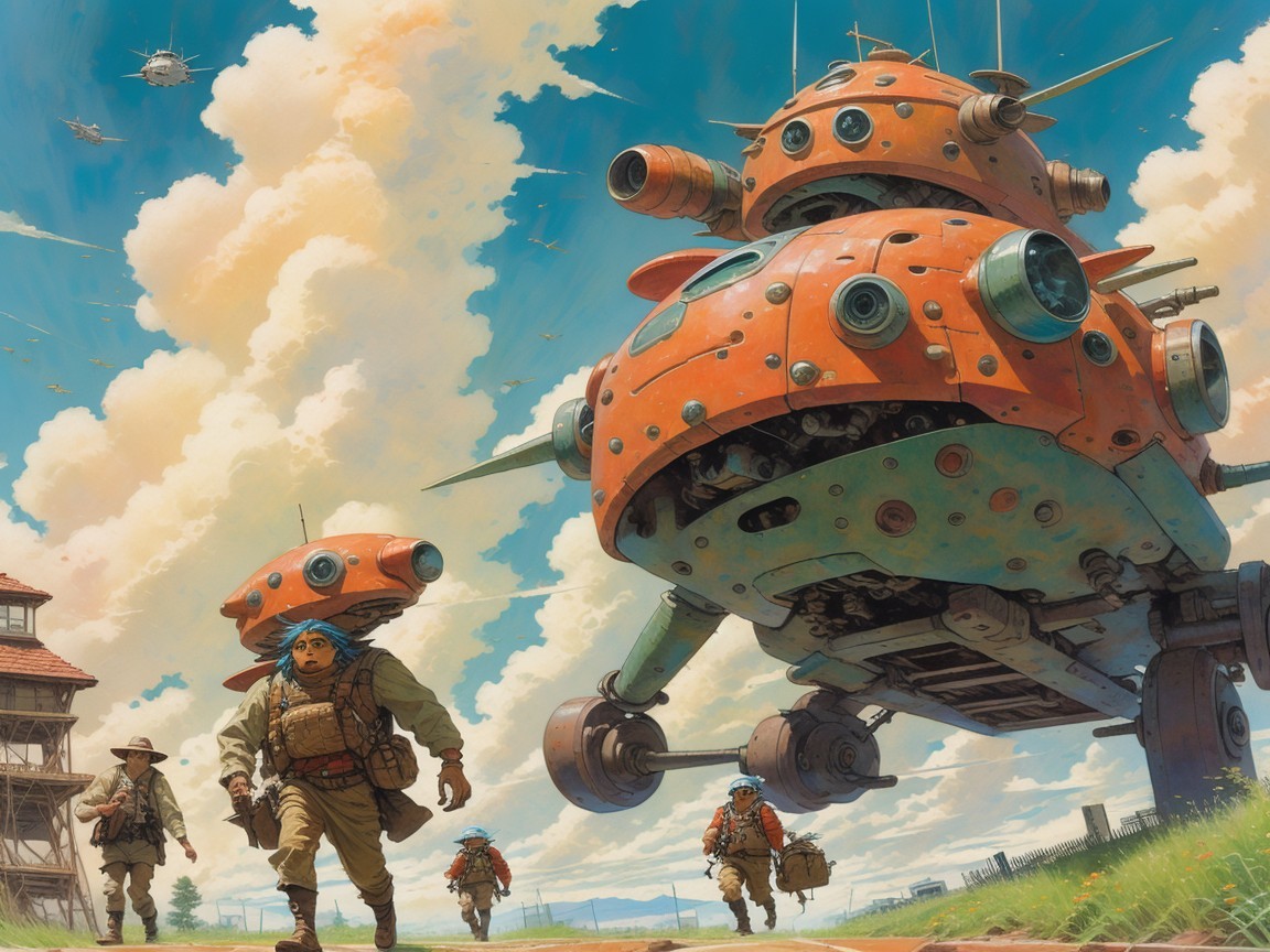 Large Orange Multi-Layered Aircraft with Explorers Nearby