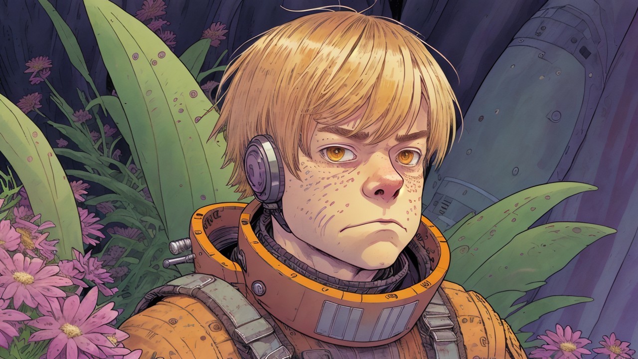 Young Boy in Futuristic Collar Surrounded by Nature