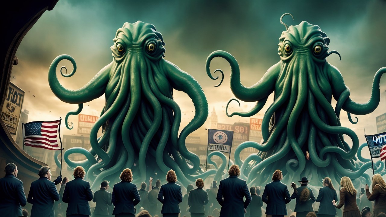 Colossal Tentacled Creatures Overwhelm Dark-Suited Crowd