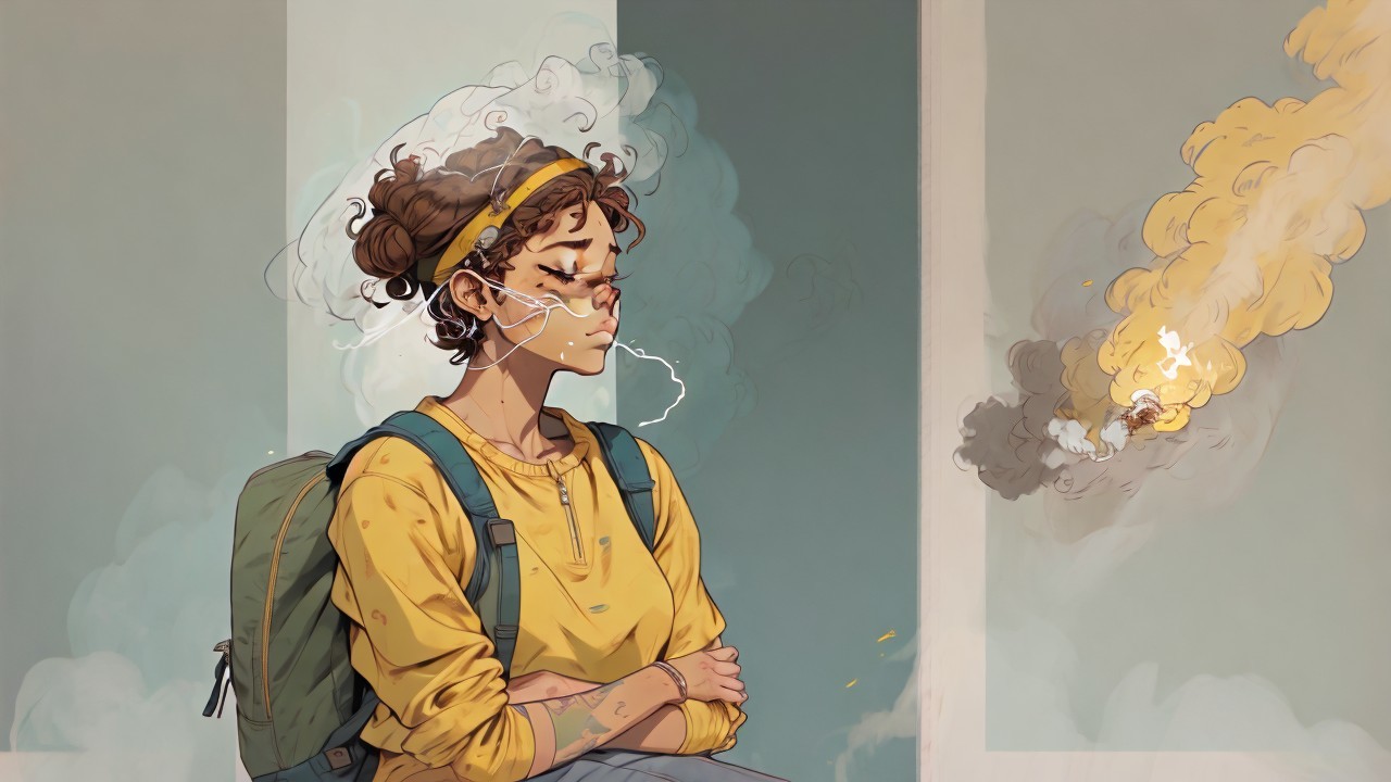 Young woman in yellow sweatshirt with contemplative mood