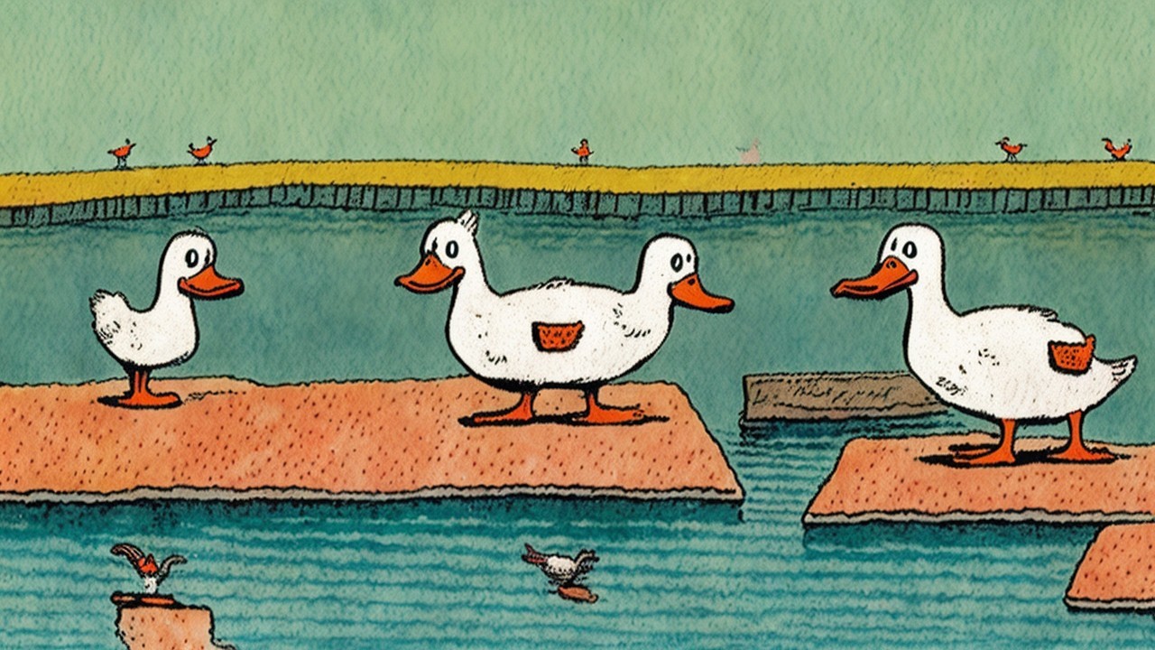 Whimsical Scene of Playful Ducks on Floating Platforms