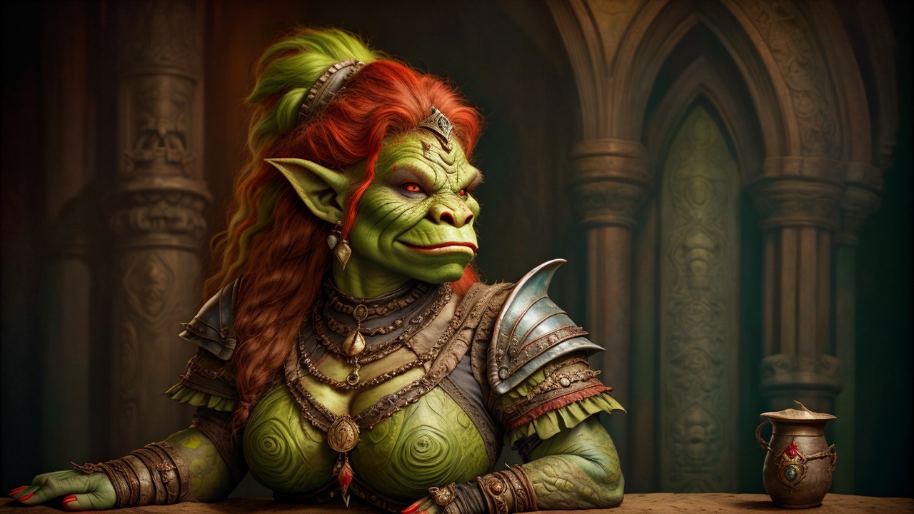 Fierce Orc Woman in Ornate Armor and Medieval Setting