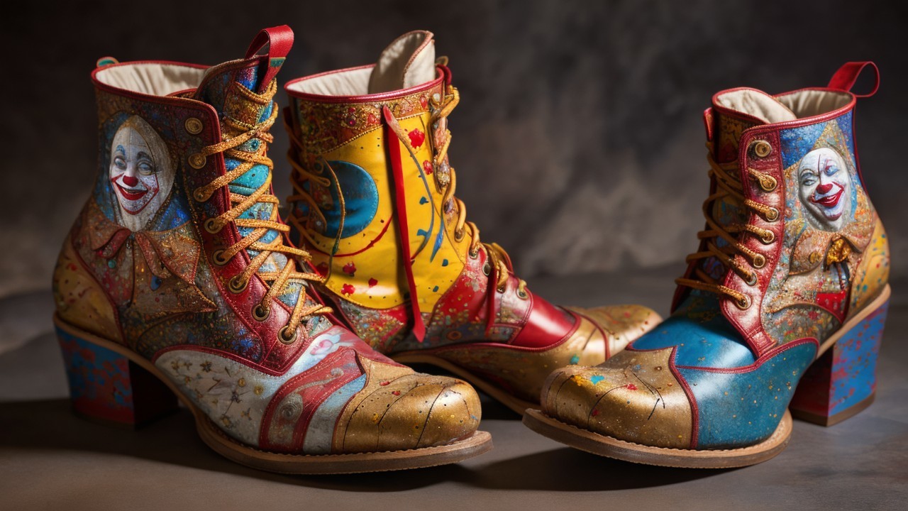 Whimsical Hand-Painted Circus-Themed Boots Description