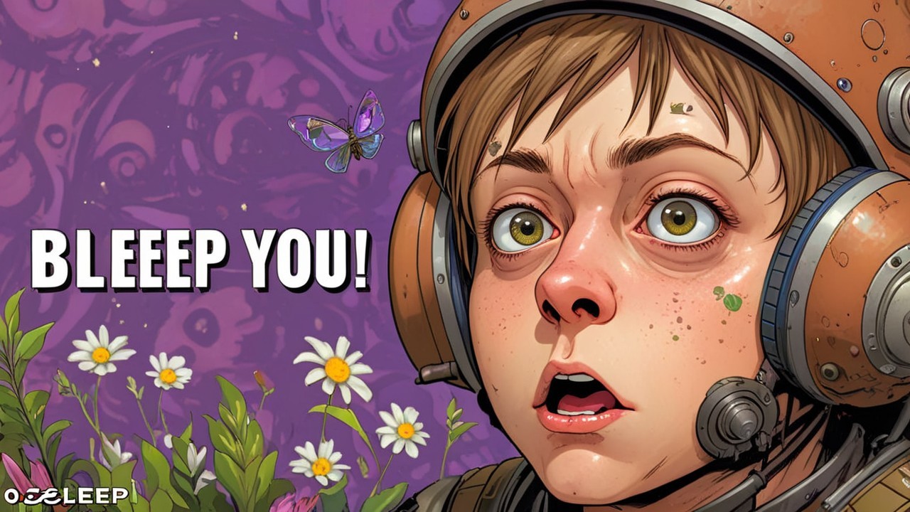 Surprised character in futuristic helmet with flowers