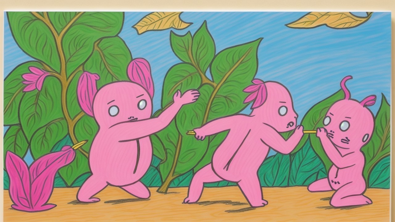Playful Cartoon Creatures Amidst Green Leaves