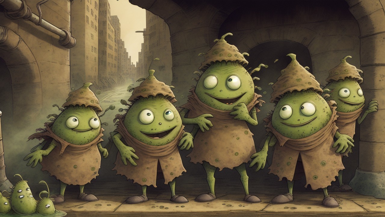 Cheerful Green Creatures Under Arched Stone Architecture