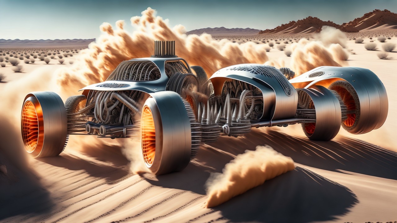 Futuristic Vehicle in Desert Landscape with Dynamic Design