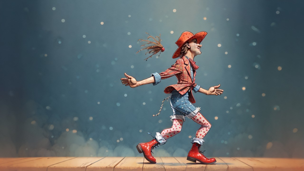 Whimsical clown figure on stage in vibrant attire