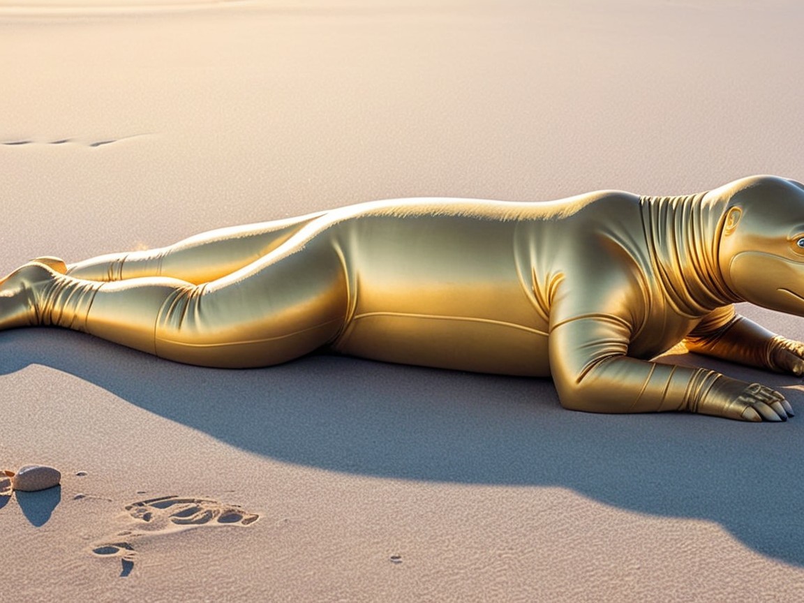 Surreal Golden Humanoid Sculpture on Sandy Beach