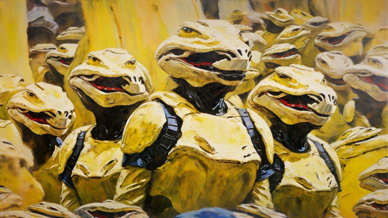 Surreal Painting of Reptilian Creatures in Armor