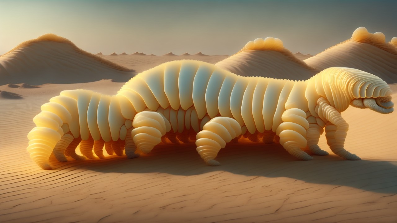 Oversized Luminescent Worm in a Sandy Landscape