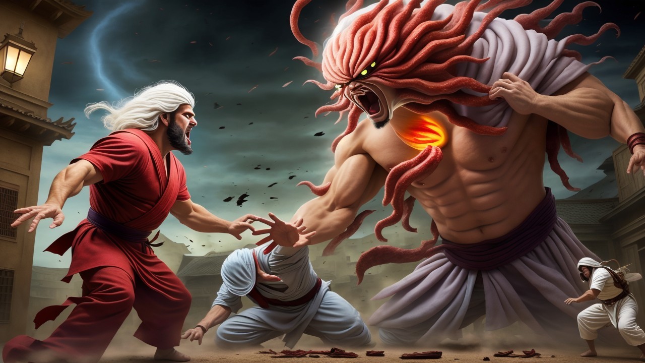 Warrior Battles Colossal Monster in Dramatic Scene