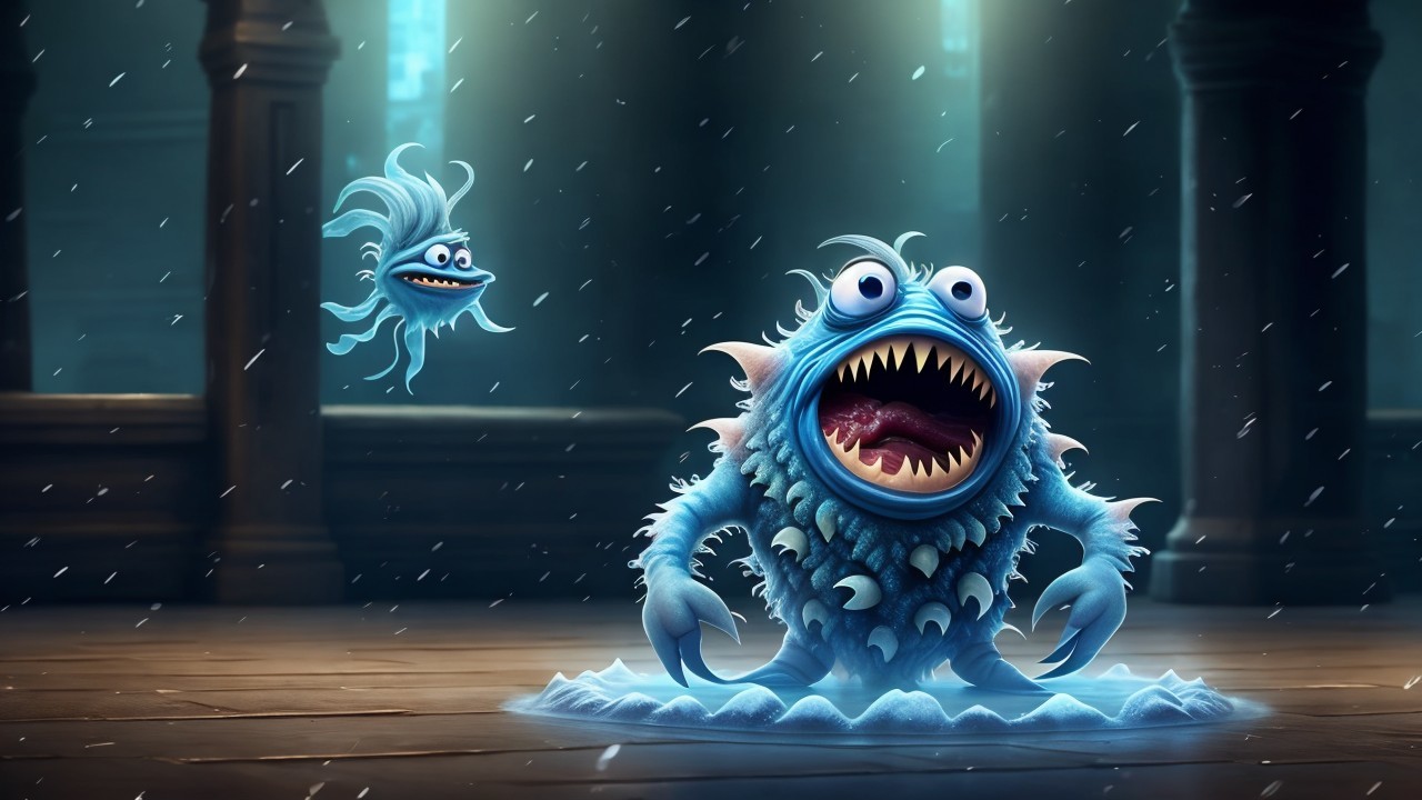 Whimsical Blue Creatures in a Snowy Mystical Setting