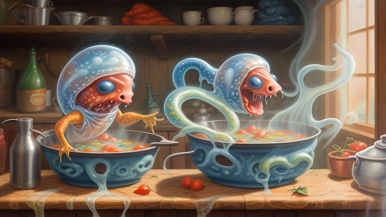 Whimsical Creatures Cooking in a Rustic Kitchen