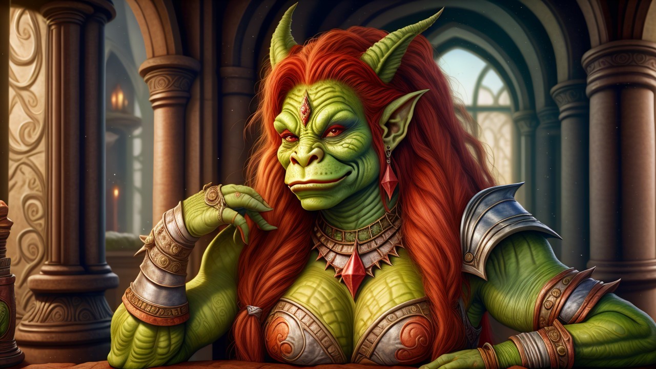 Green-Skinned Orc in Armor at Wooden Table
