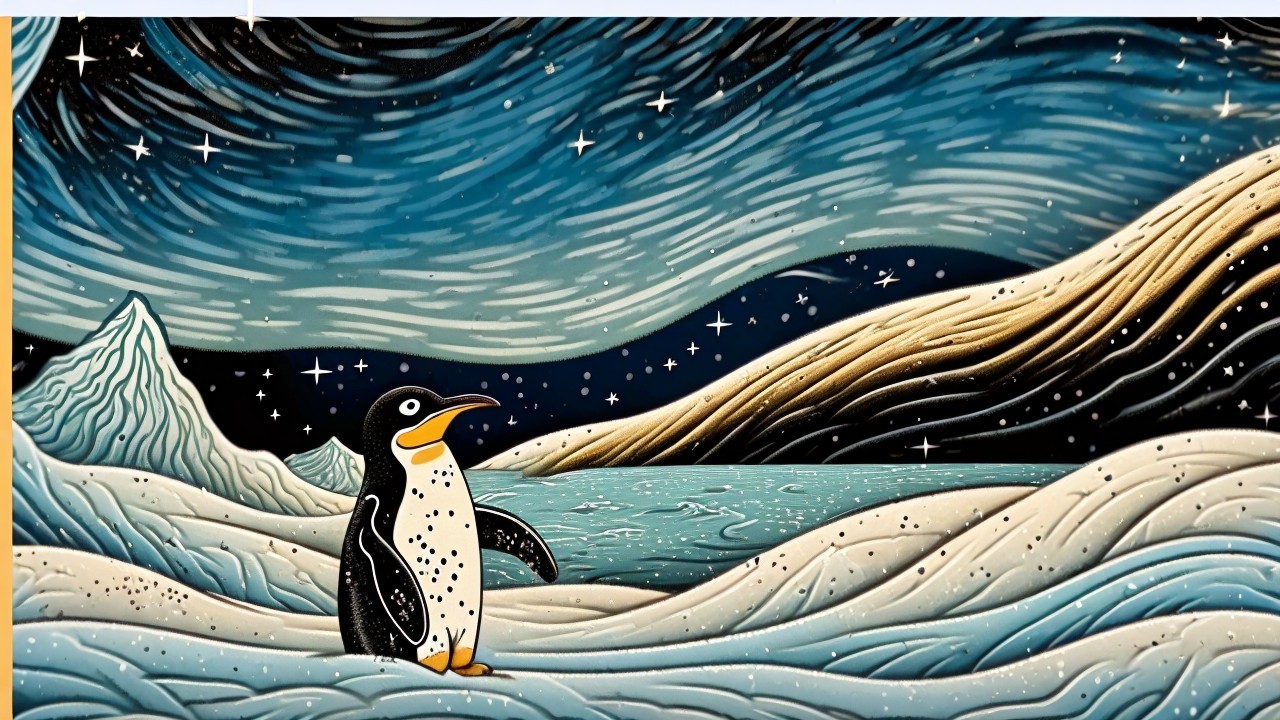 Whimsical Penguin on Snowy Landscape Under Starry Sky