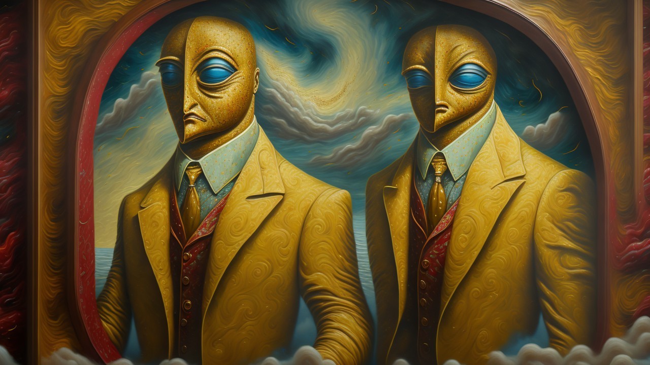 Humanoid Figures with Yellow Skin in Surreal Setting