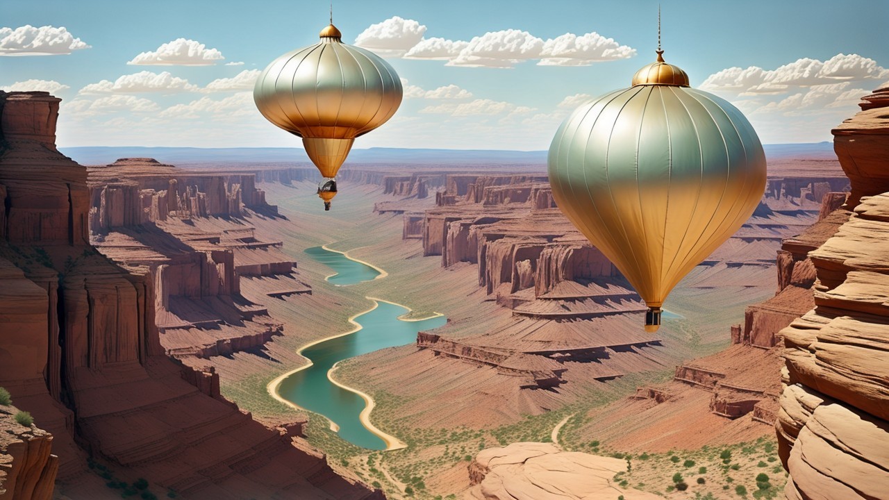 Hot Air Balloons Over a Scenic Canyon Landscape