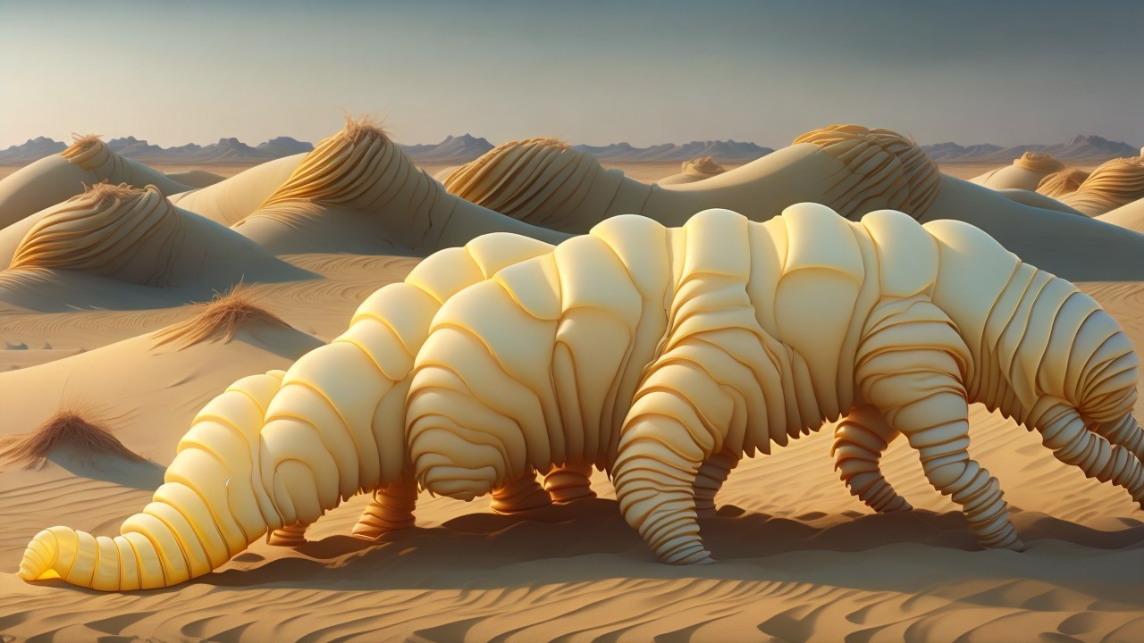 Surreal Landscape with Giant Caterpillar-like Creature