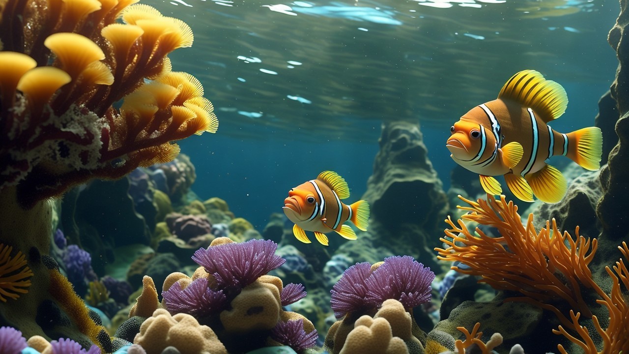 Vibrant Underwater Scene with Clownfish and Corals
